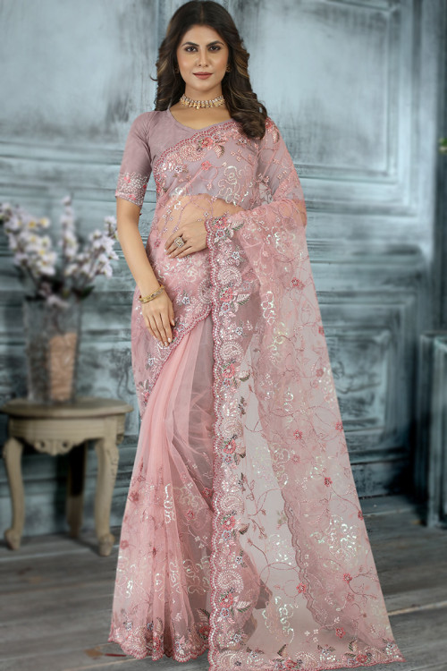 Buy Festival Wear Pale Pink Net Embroidered Saree SARV157567