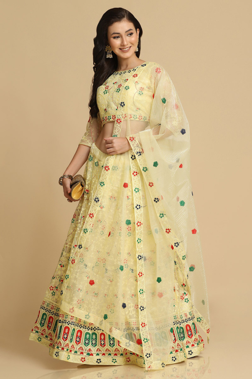 Net Light Yellow Embroidered Panelled Style Lehenga