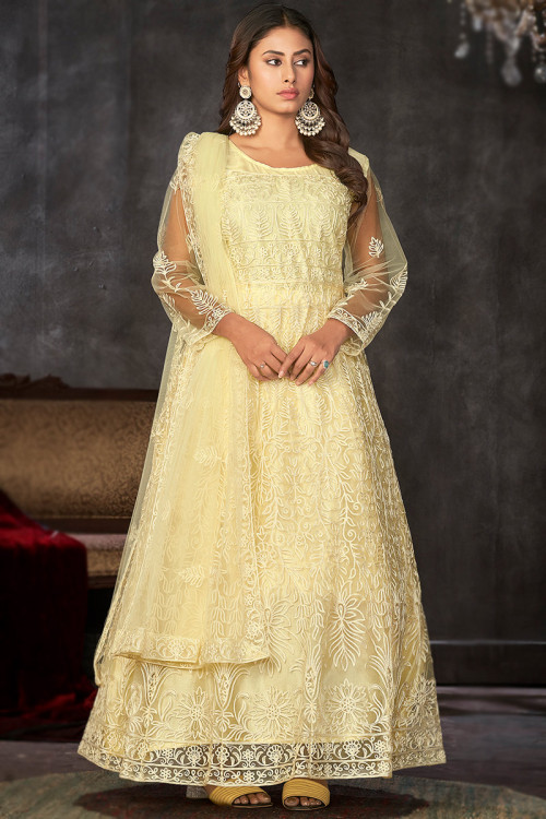 Net Light Yellow Resham Thread Embroidered Anarkali Suit 