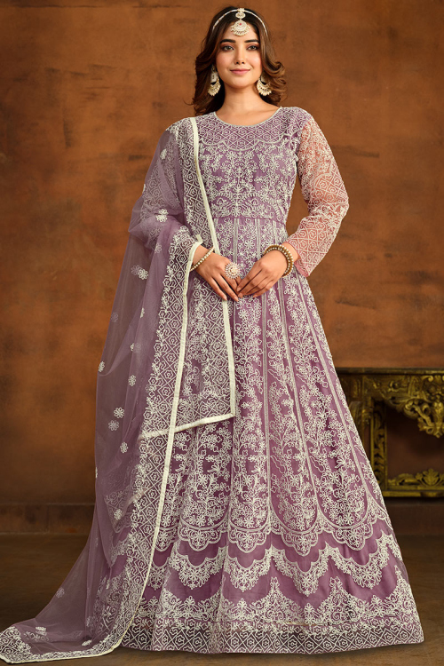Net Mauve Dori Embroidered A-line Anarkali Suit
