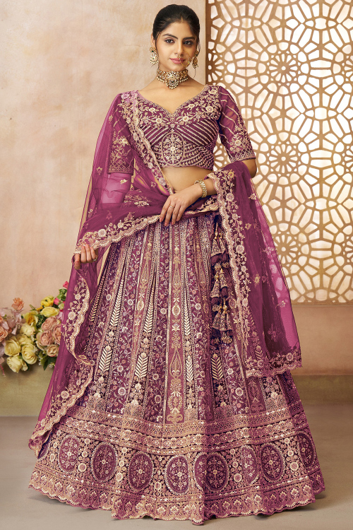 Net Mauve Taupe Lehenga With Zari Work For Weddings