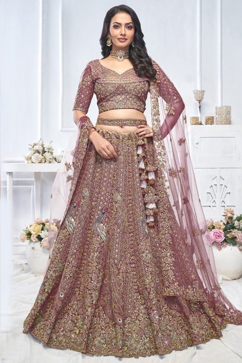 Net Mauve Taupe Resham Embroidered Panelled Style Lehenga 