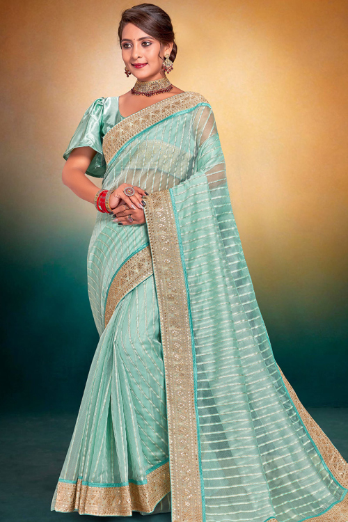Net Mint Blue Lace Embroidered Light Weight Saree