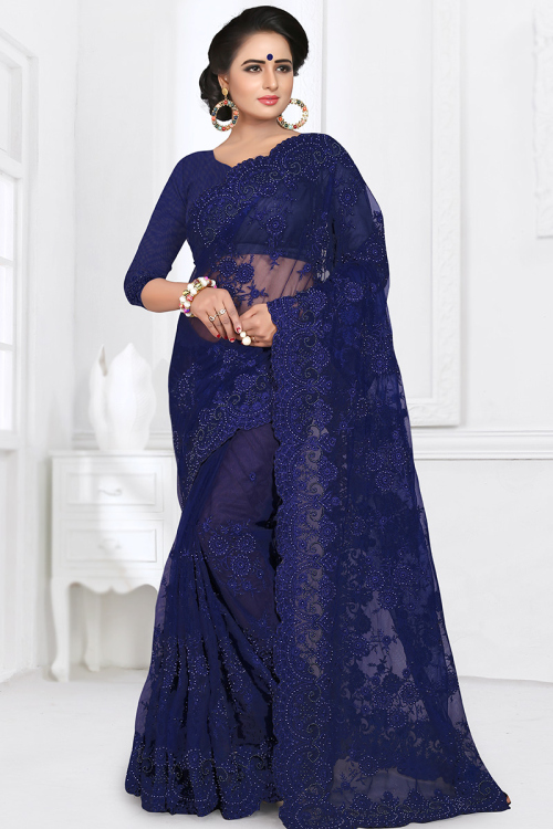 Net Navy Blue Resham Embroidered Heavy Saree