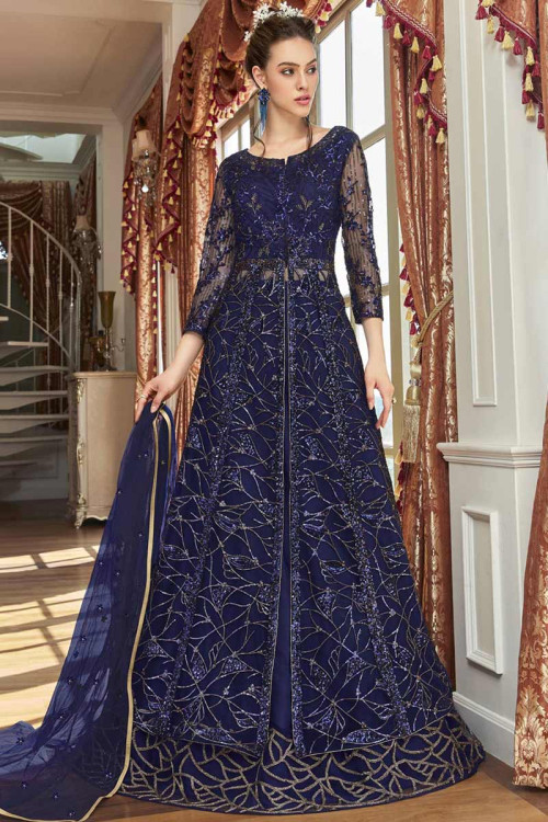 Net Navy Blue Wedding Anarkali Suit With Sequins Work