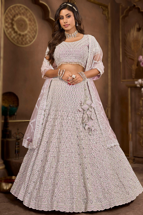 Net Pale Pink Panelled Style Sequins Embroidered Lehenga