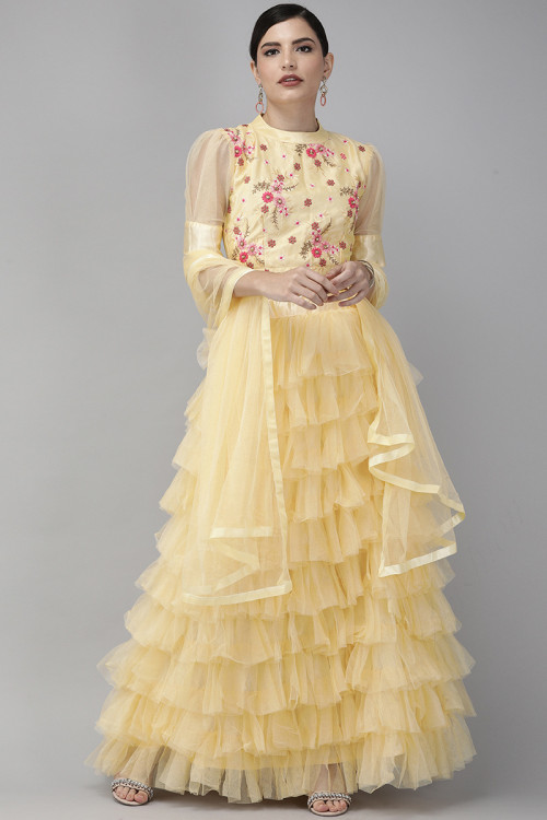 Yellow lehenga choli sales designs for engagement