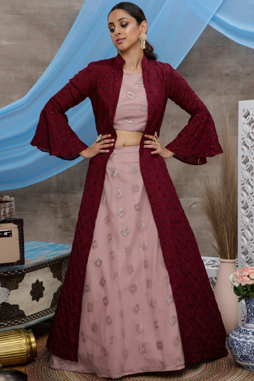 Net Party Wear Lehenga Choli With Jacket In Mauve Color