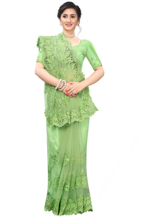 Net Light Green Embroidered Saree