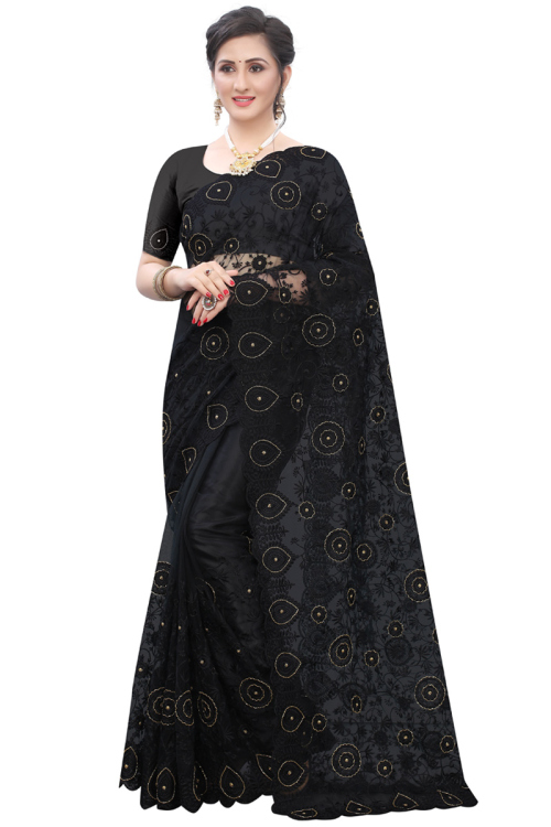 Net Party Wear Saree In Black Color