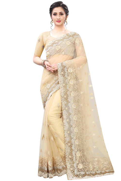 Buy Cream Net Wedding Saree With Silk Blouse Online - SARV04838