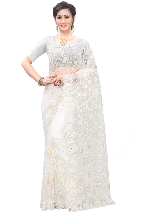 Net Party Wear Saree In Off White Color