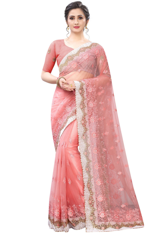 Net Party Wear Saree In Pink Peach Color