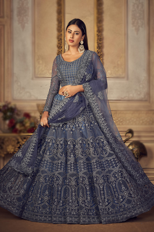 Net Pastel Dark Blue Dori Embroidered Panelled Style Lehenga 