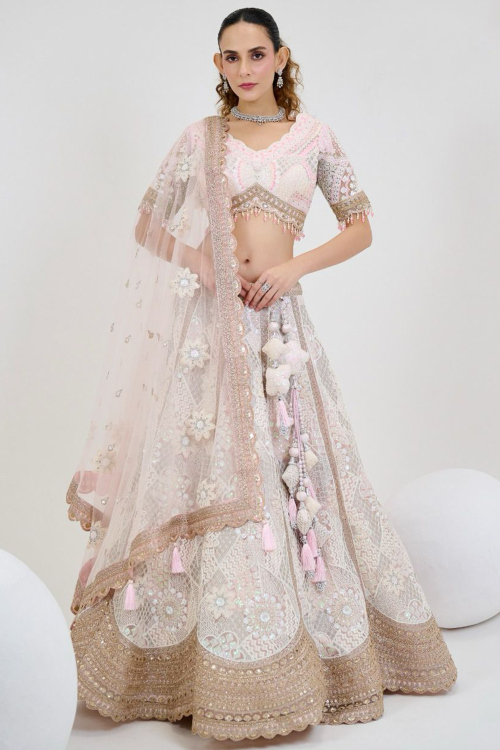 Net Pastel Pink Ready to Wear Lehenga With Embroidered Work For Wedding