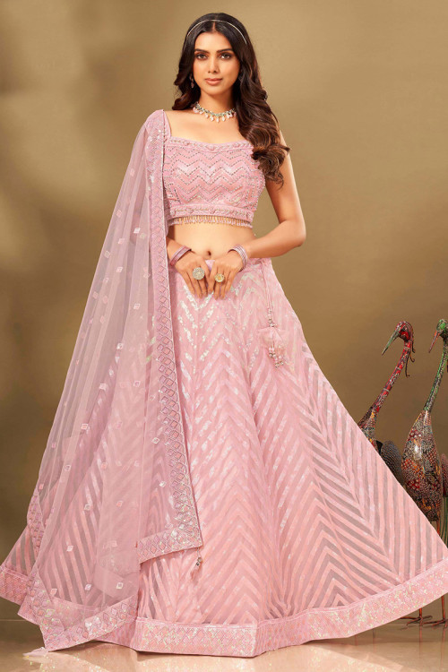 Net Pastel Pink Sequins Embroidered Panelled Style Lehenga