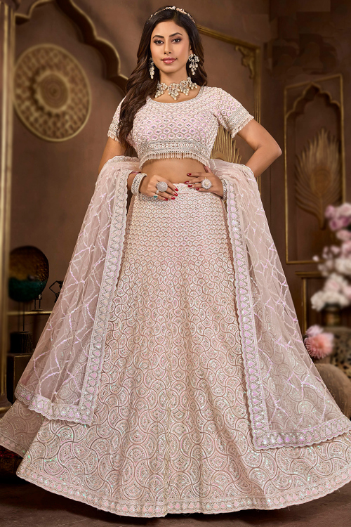 Net Peach Panelled Style Sequins Embroidered Lehenga