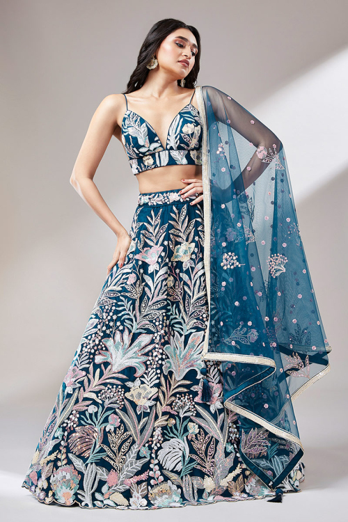 Net Peacock Blue Embroidered Panelled Style Lehenga