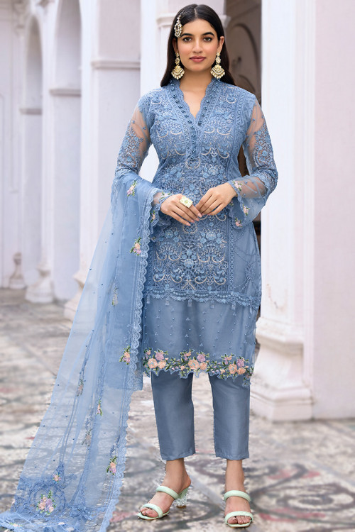 Net Pearl Embroidered Dusty Blue Straight Cut Trouser Suit 