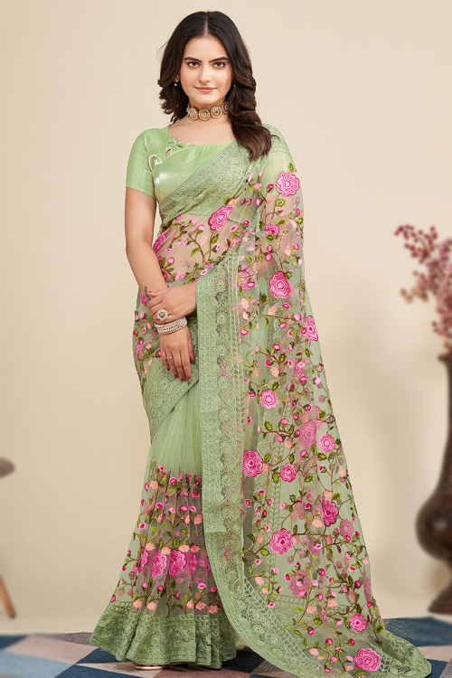 Net Pistachio Green Resham Embroidered Floral Saree 