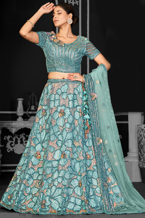 Net Powder Blue Embroidered Flared Lehenga