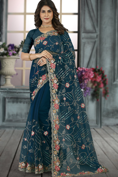 Net Prussian Blue Festival Wear Embroidered Saree 