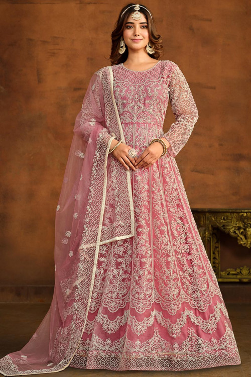Net Punch Pink Embroidered A-line Anarkali Suit