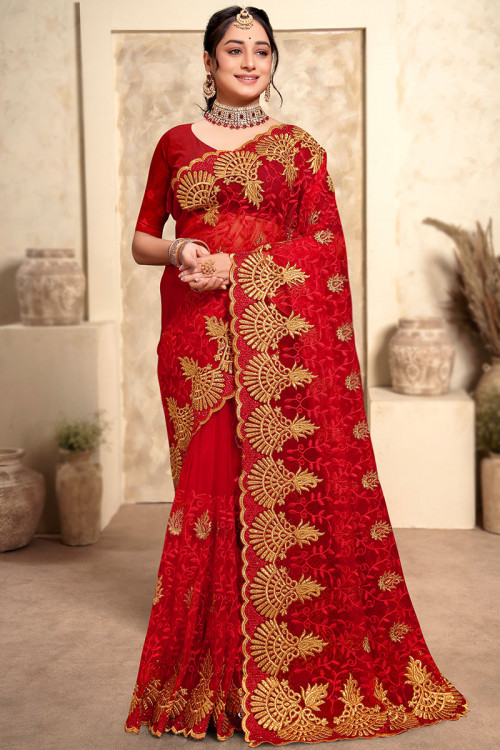 Embroidered Net Deep Red Saree