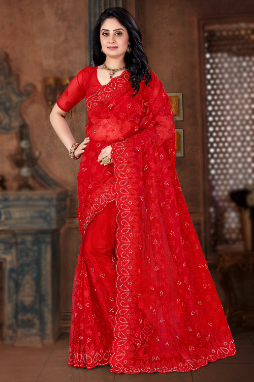 Net Red Pearl Embroidered Saree For Sangeet 