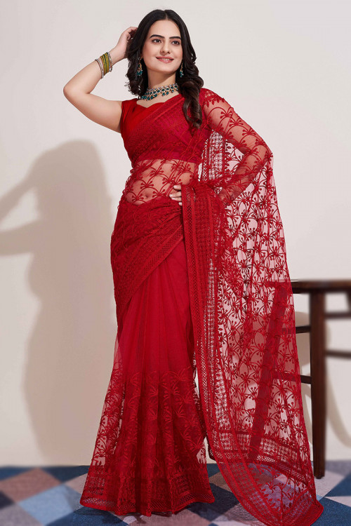 Net Red Saree with Thread Embroidery 