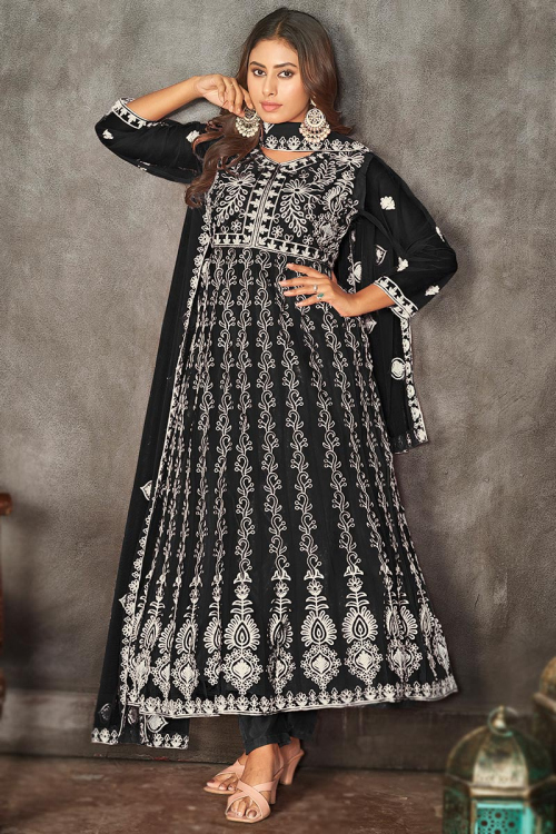 Net Resham Embroidered Charcoal Grey Anarkali Suit