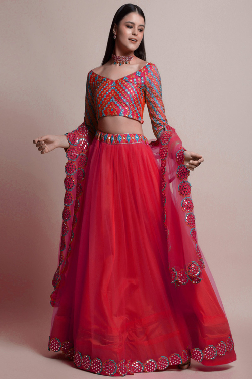 Net Ruby Red Lehenga with Embroidered Lace work