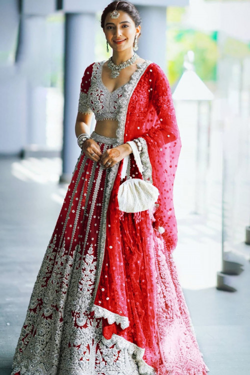 Red white bridal lehenga deals