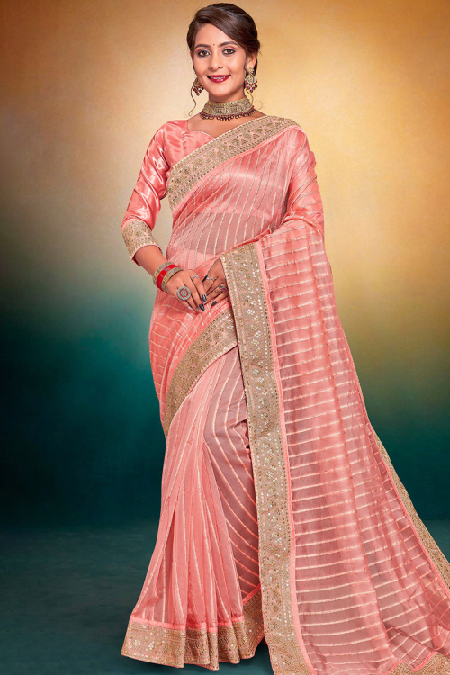 Net Salmon Pink Lace Embroidered Light Weight Saree