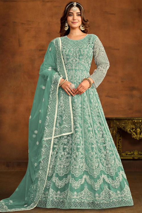 Net Seafoam Green Dori Embroidered A-line Anarkali Suit