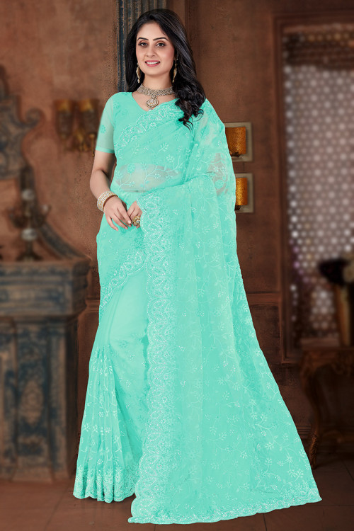Net Seafoam Green Pearl Embroidered Saree For Sangeet 
