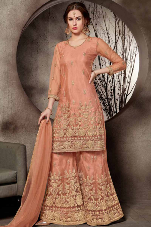 Peach Net Indian Sharara Salwar Kameez With Dori Work