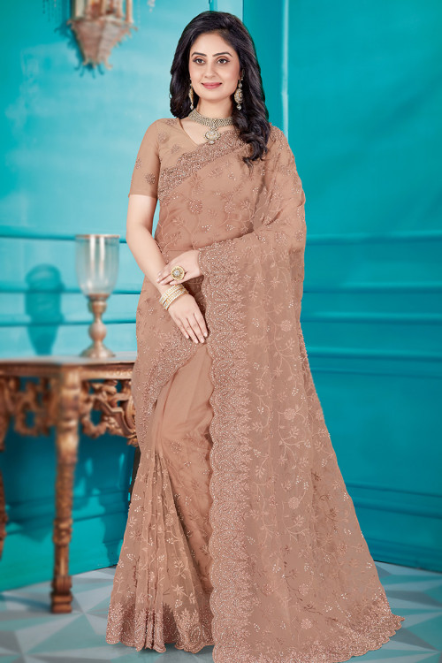 Net Stone Embellished Dusty Pink Saree For Sangeet