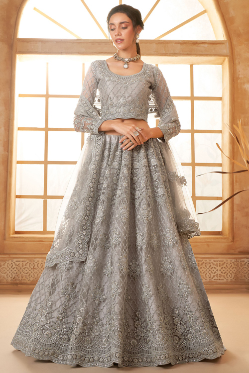 Net Stone Embellished Light Grey Panelled Style Lehenga