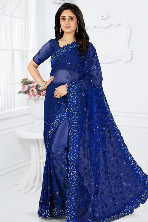 Net Stone Embellished Royal Blue Saree For Sangeet