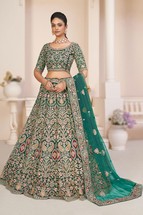 Net Teal Blue Sequins Embroidered Panelled Style Lehenga 
