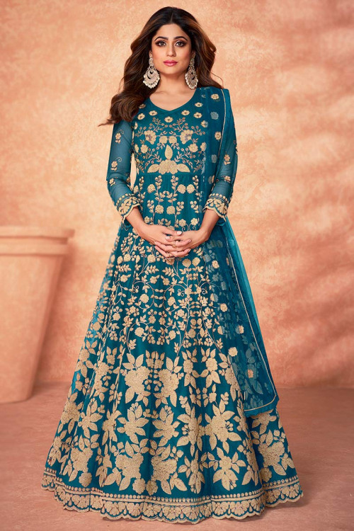 Net Teal Blue Wedding Wear Anarkali Suit