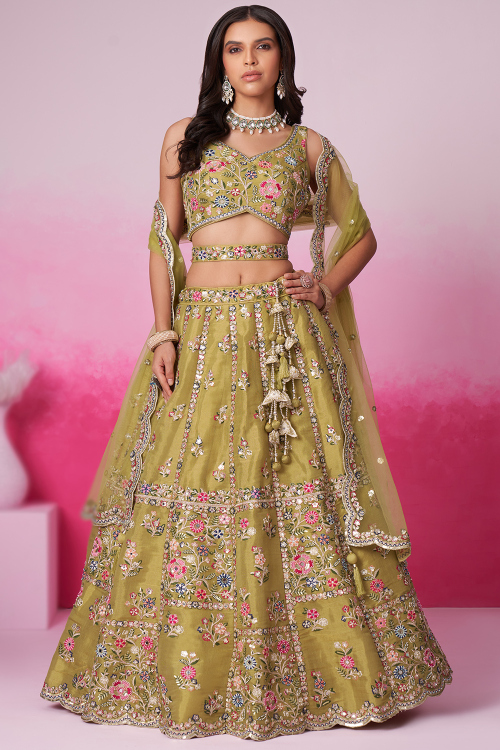 Net Trombone Yellow Embroidered Panelled Style Lehenga 
