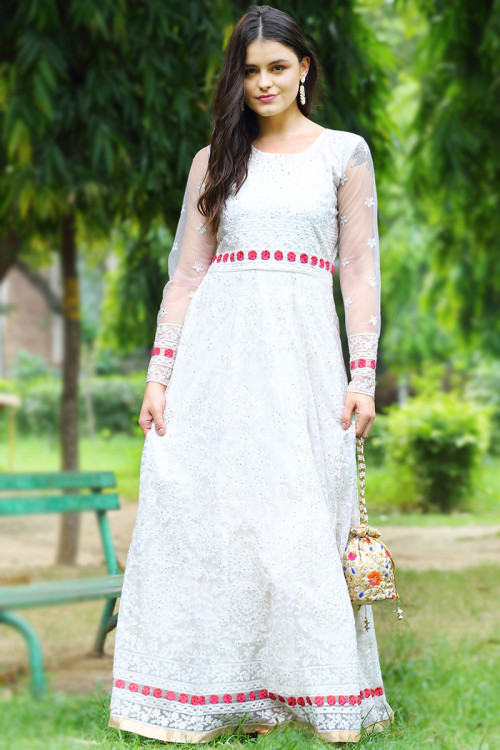 Buy Off White Cotton Dobby Phulkari Embroidered Anarkali Dress With Cotton  Jaal Dupatta by SCAKHI at Ogaan Market Online Shopping Site