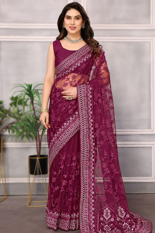 Net Wine Maroon Lace Embroidered Light Weight Saree