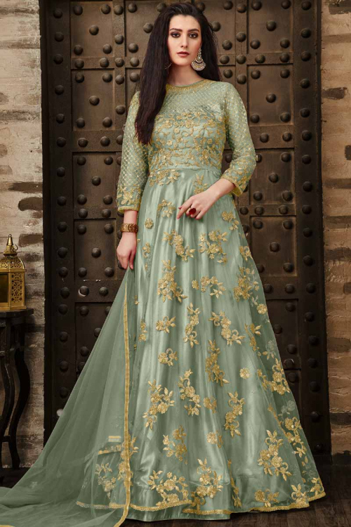 Net Lining Pistachio Green Indian Anarkali Salwar Kameez