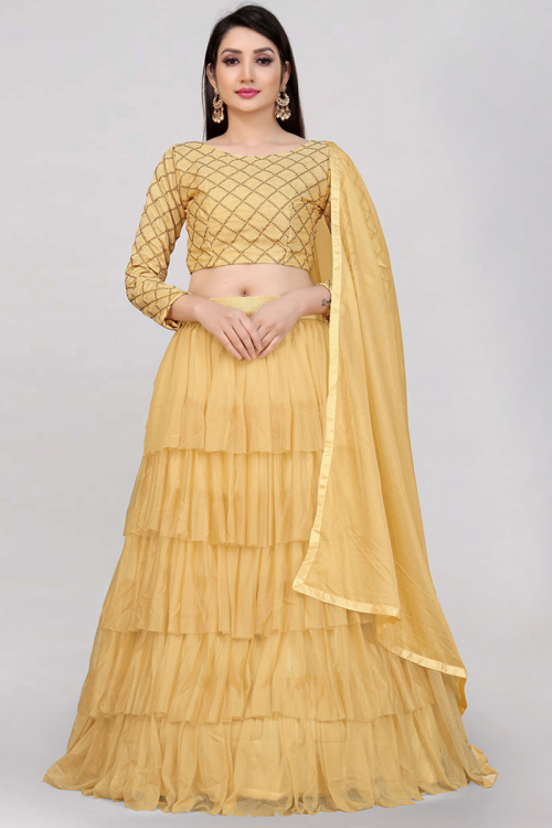 Net Yellow Zari Embroidered Layered Style Lehenga 