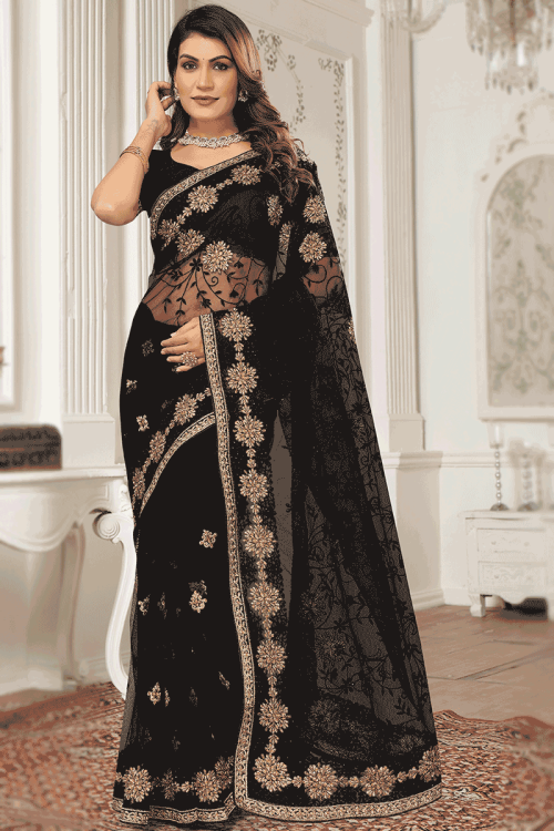 Net Zari Embroidered Black Light Weight Saree