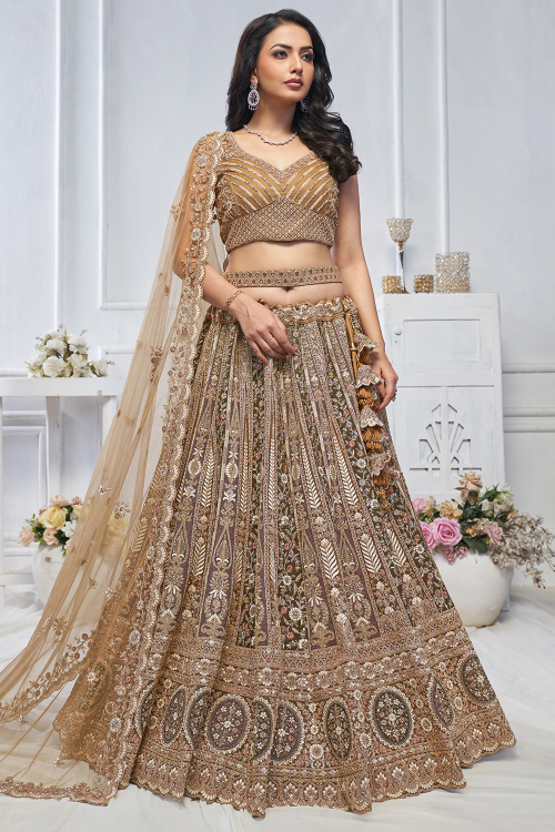 Net Zari Embroidered Multi Color Panelled Style Lehenga 