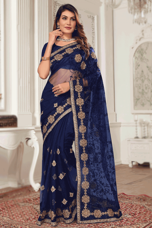 Buy Blue Net Sarees Online for Women in USA